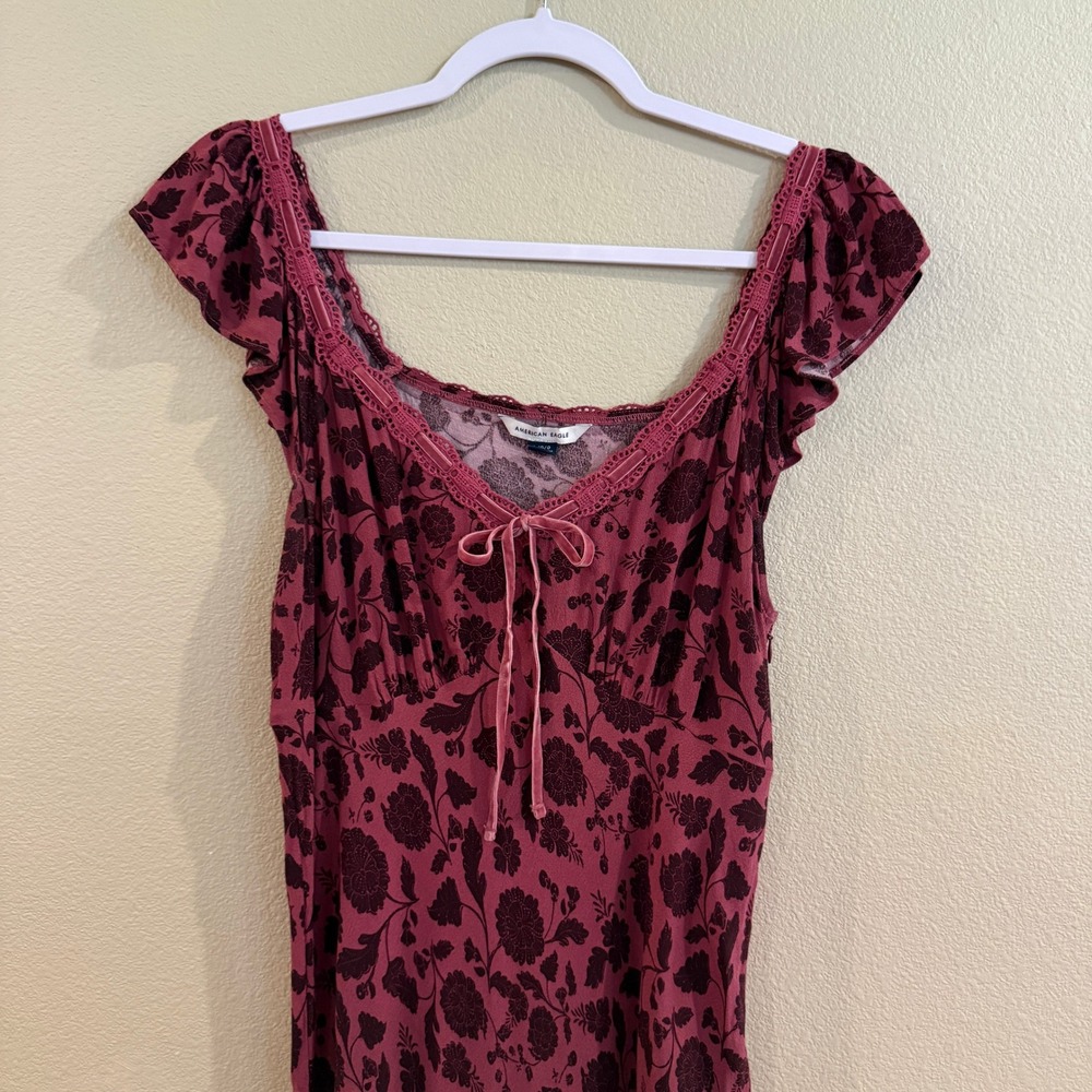 American Eagle Maxi Dress Womens Lrg Burgundy Floral Lace Trim Grunge Fairycore - Picture 4 of 16